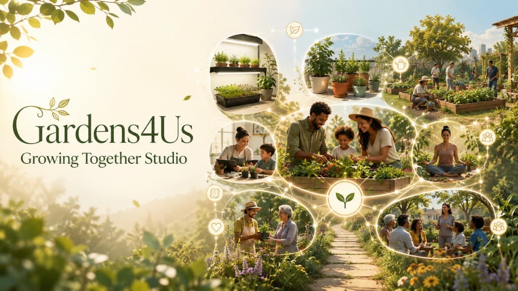 Gardens4Us Growing Together Studio graphic with garden community vignettes