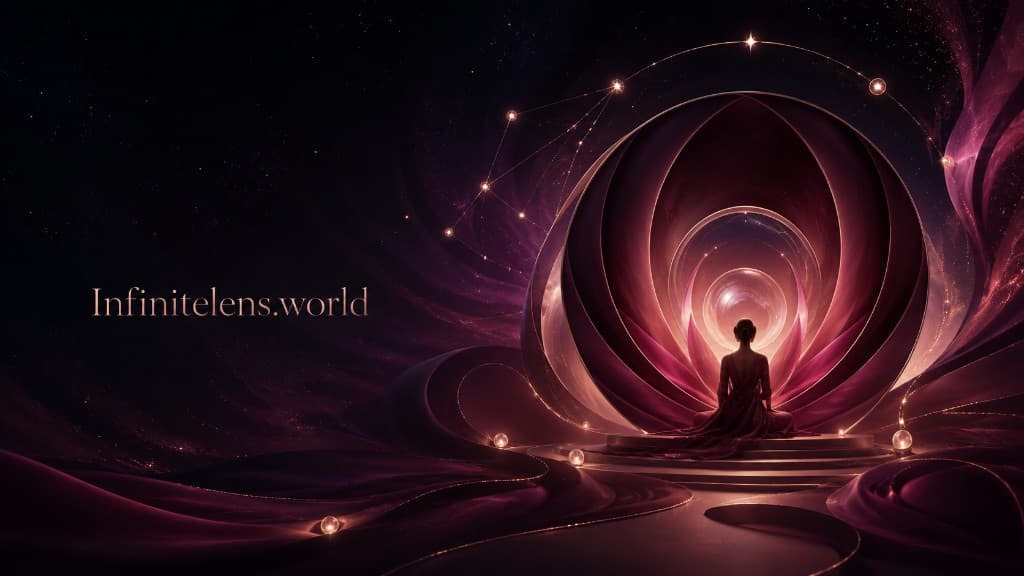 InfiniteLens.world graphic of a person meditating before cosmic portals