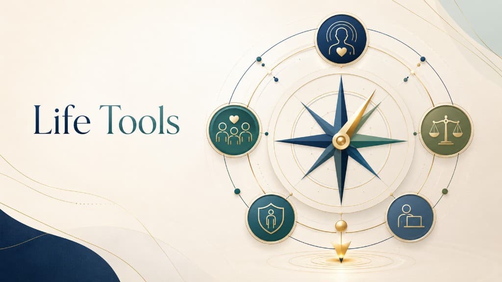 Life Tools graphic with a gold and navy compass rose