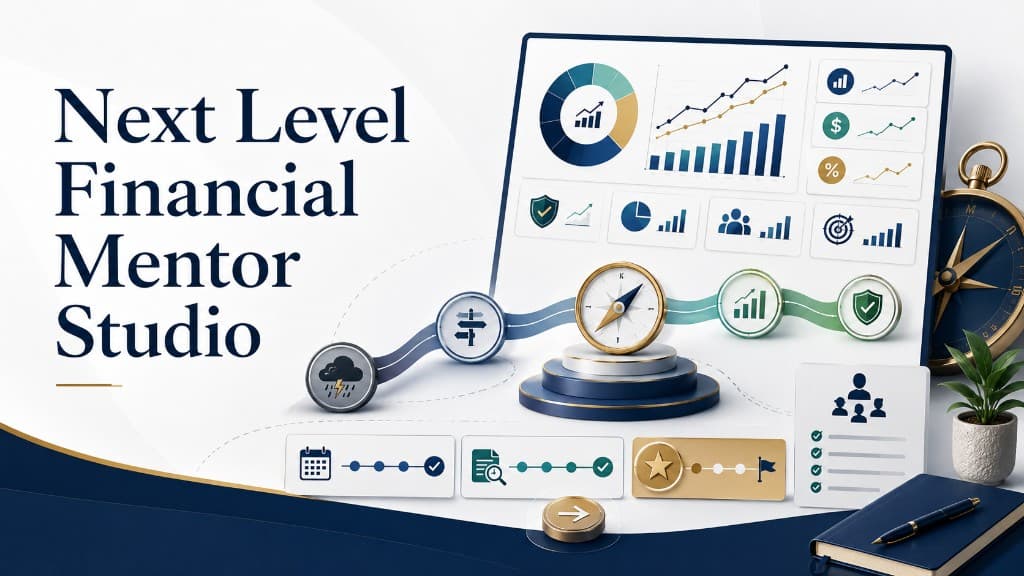 Next Level Financial Mentor Studio graphic with dashboard and compass path
