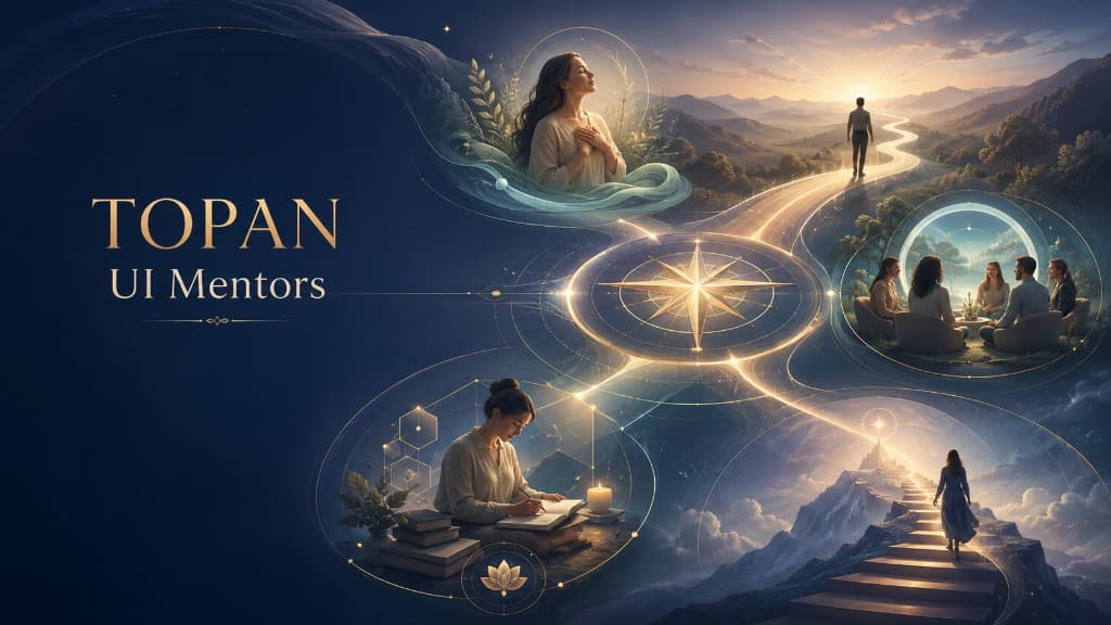 TOPAN UI Mentors graphic with a gold compass and four journey scenes