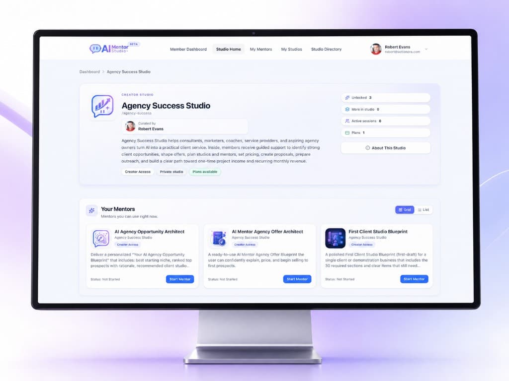 Agency Success Studio member home with Agency-building mentors and Start Mentor actions