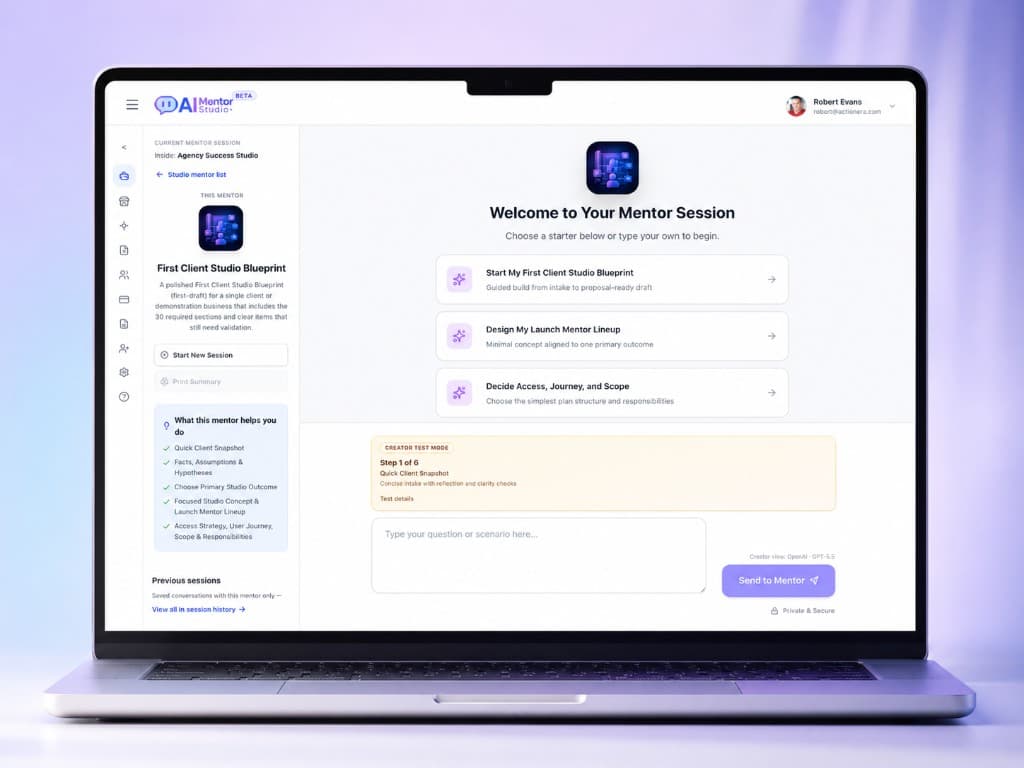 Mentor session screen with starter prompts, step progress, and guided chat for First Client Studio Blueprint
