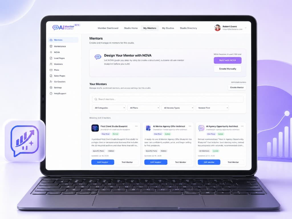 AI Mentor Studio mentors list showing NOVA builder, unlimited mentors, and mentor management cards