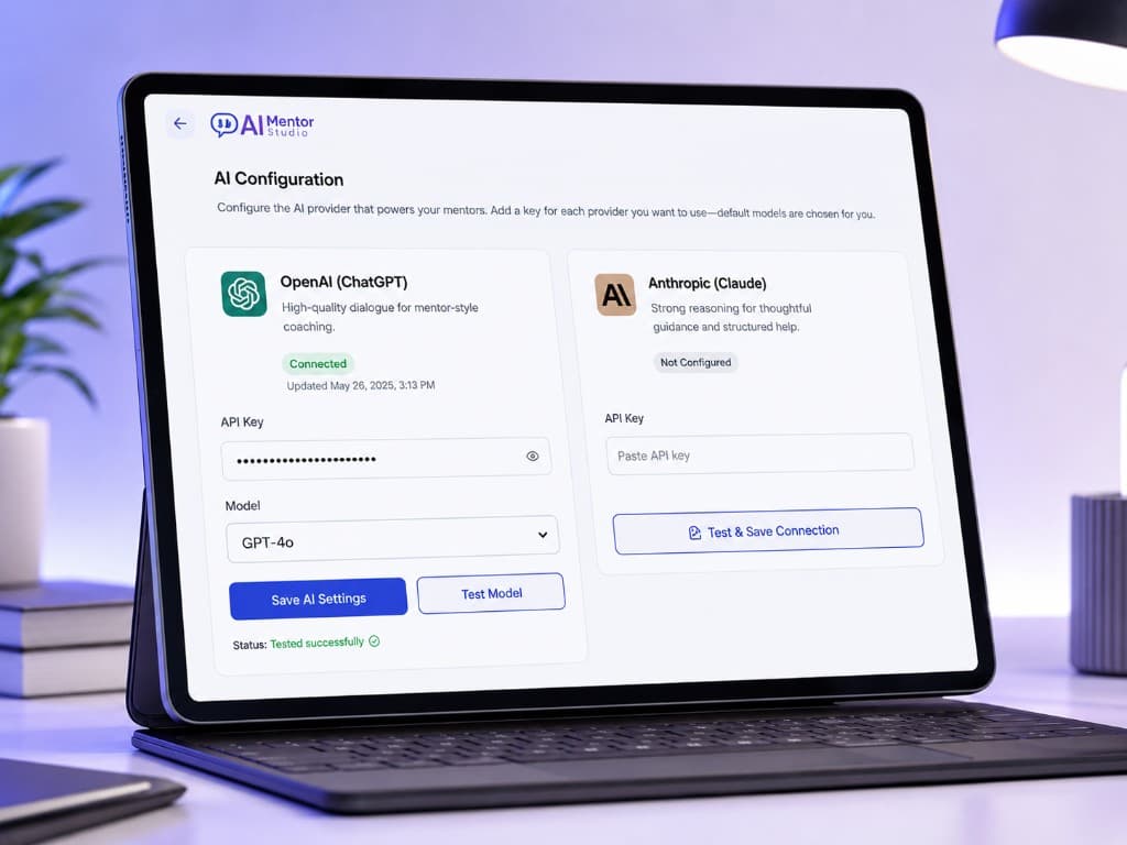 Mentor Studio AI configuration with OpenAI and Anthropic provider settings.