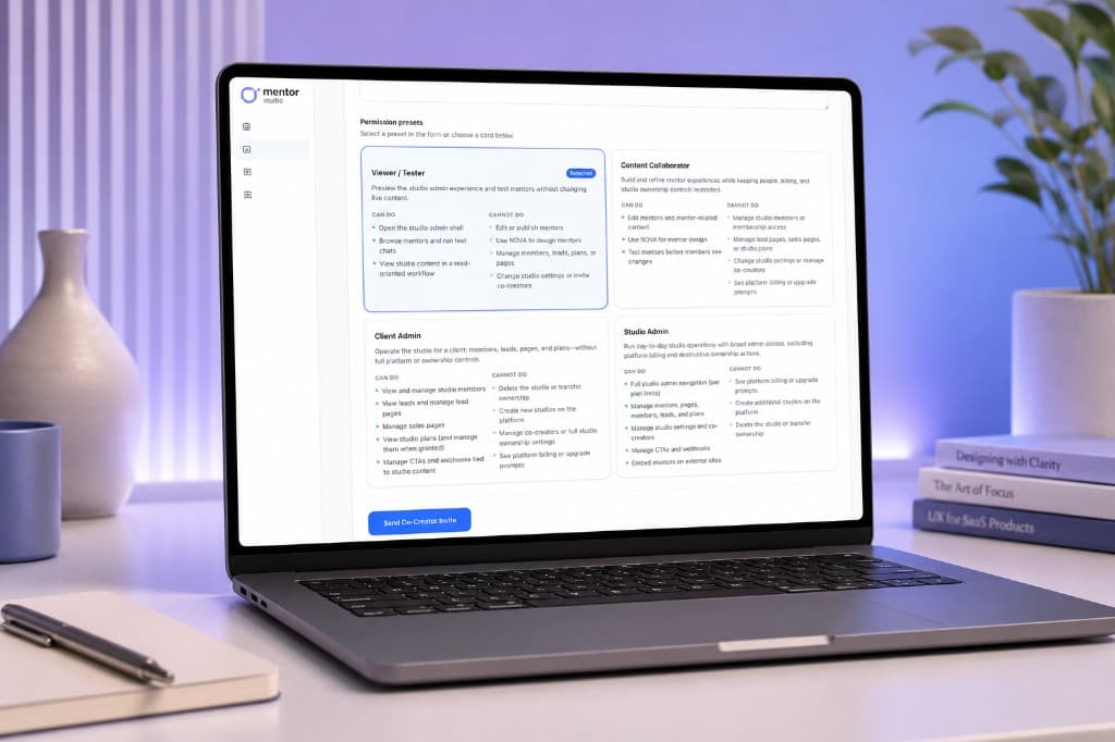 Co-Creator permission presets including Viewer, Content Collaborator, Client Admin, and Studio Admin.