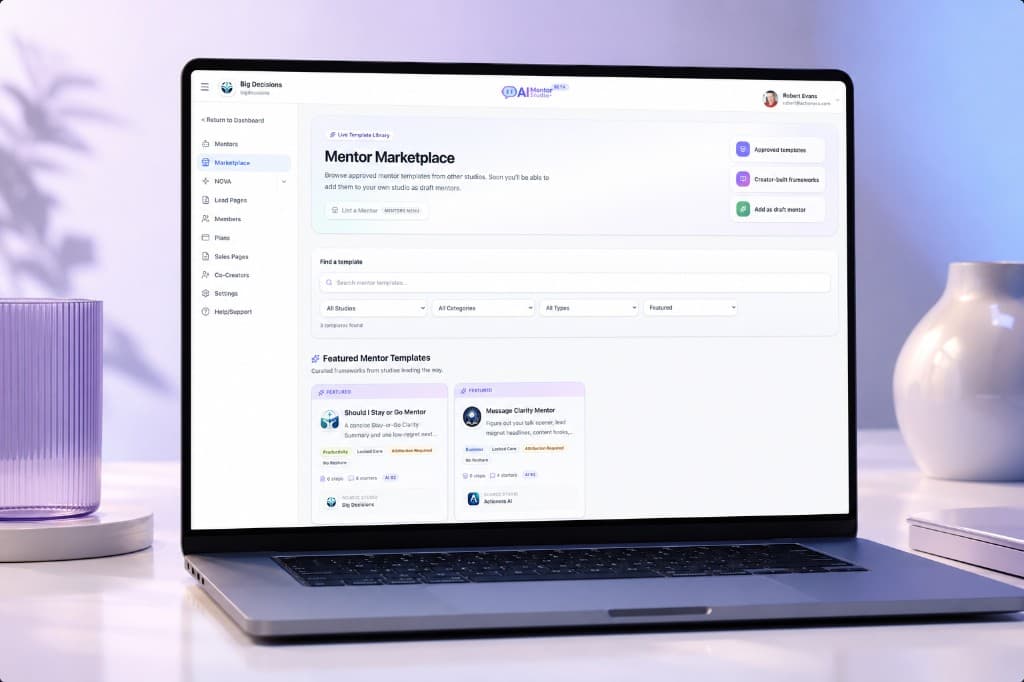 Mentor Marketplace for browsing approved Mentor templates from other studios.