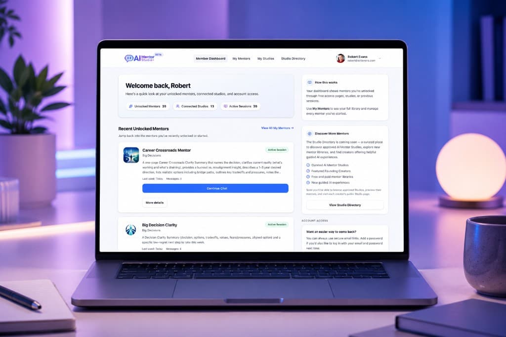 Member dashboard showing unlocked Mentors, connected Studios, and active sessions.