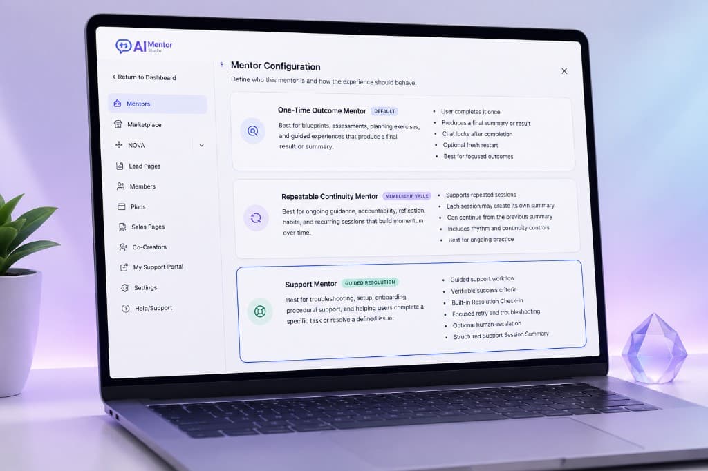 Mentor configuration with Outcome, Continuity, and Support Mentor types.