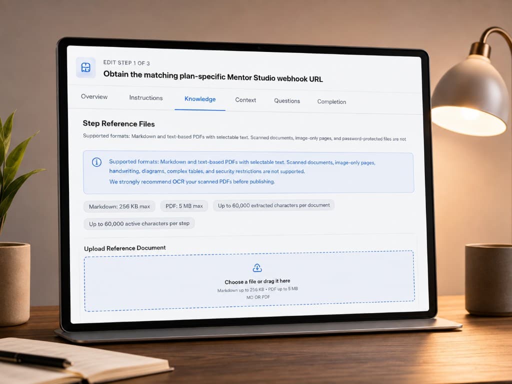 Step Reference Files editor for attaching Markdown and supported text-based PDF knowledge to a Mentor step.