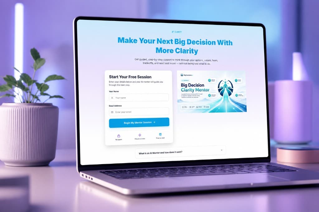 Big Decisions lead page inviting a visitor to begin a free guided Mentor session.
