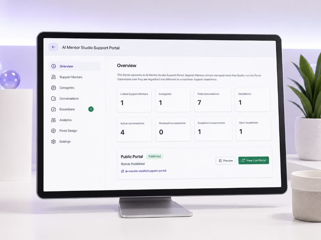 AI Support Portal dashboard showing conversations, categories, escalations, and analytics.